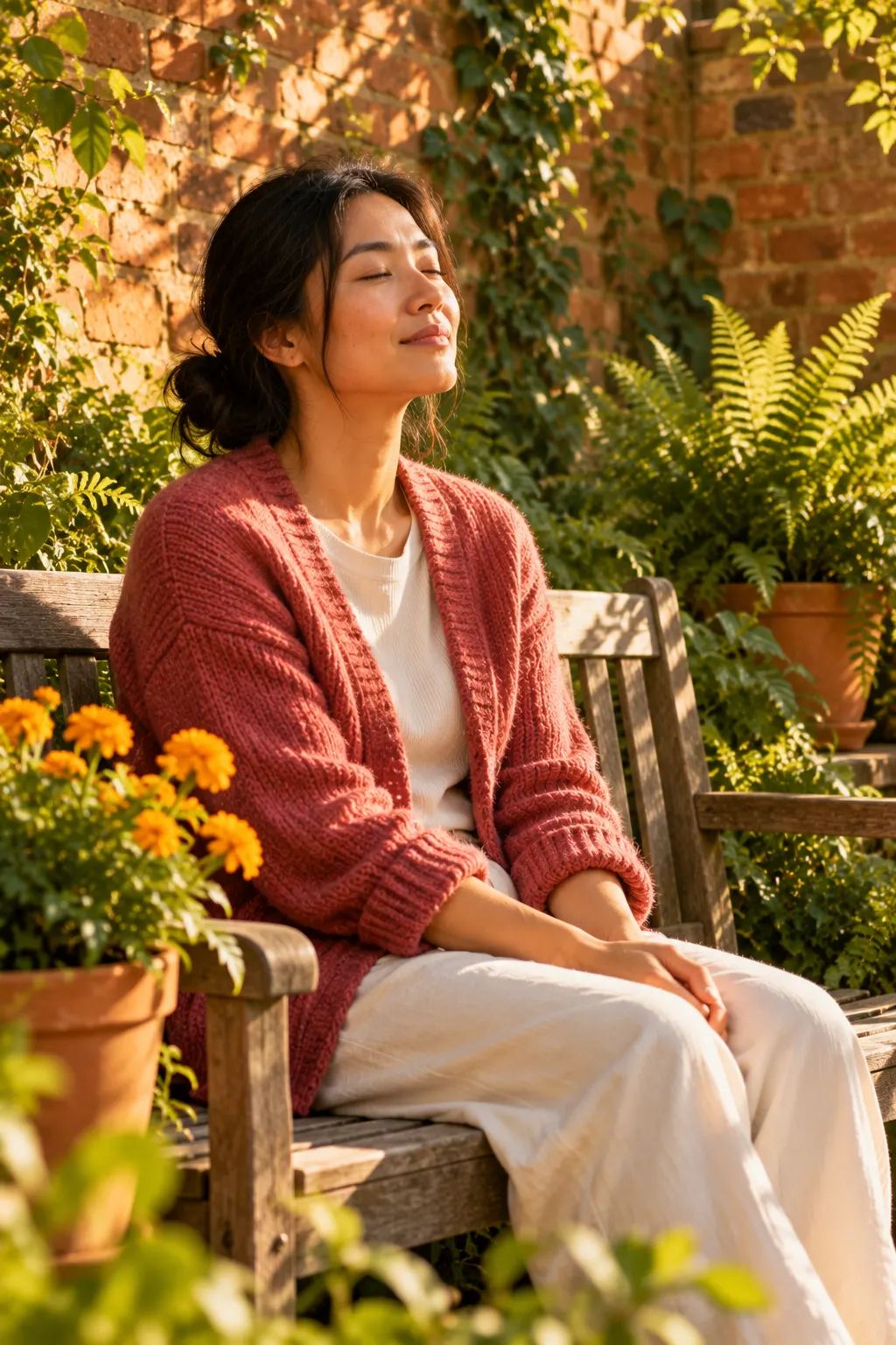 A woman sitting on a garden bench among ferns with her eyes closed, breathing slowly in the morning sun