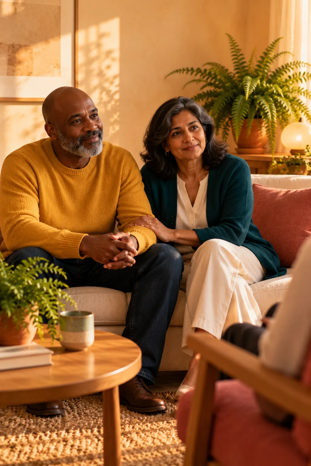 A couple in their fifties sitting close together on a sofa, turned toward each other and listening