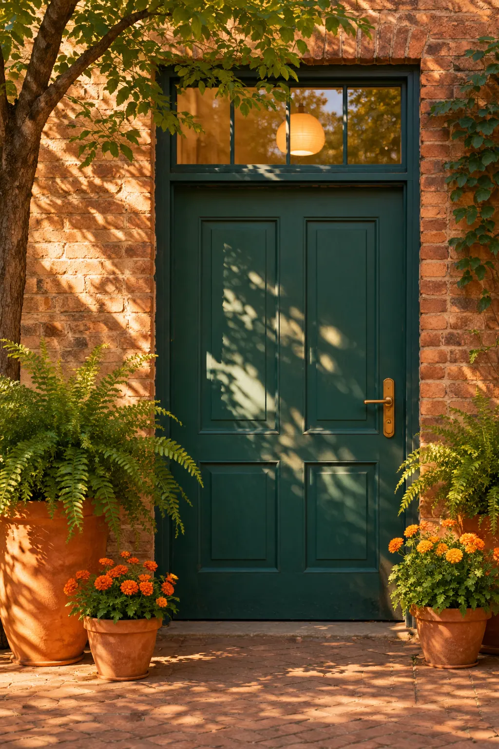 A teal wooden front door in a quiet brick courtyard, framed by ferns and marigold flowers in terracotta pots