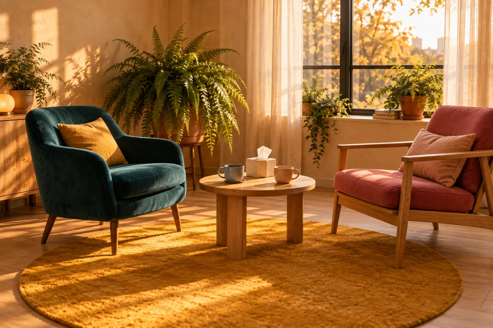 A sunlit therapy room with a teal velvet armchair and an oak armchair facing each other, ferns in terracotta pots and a marigold rug