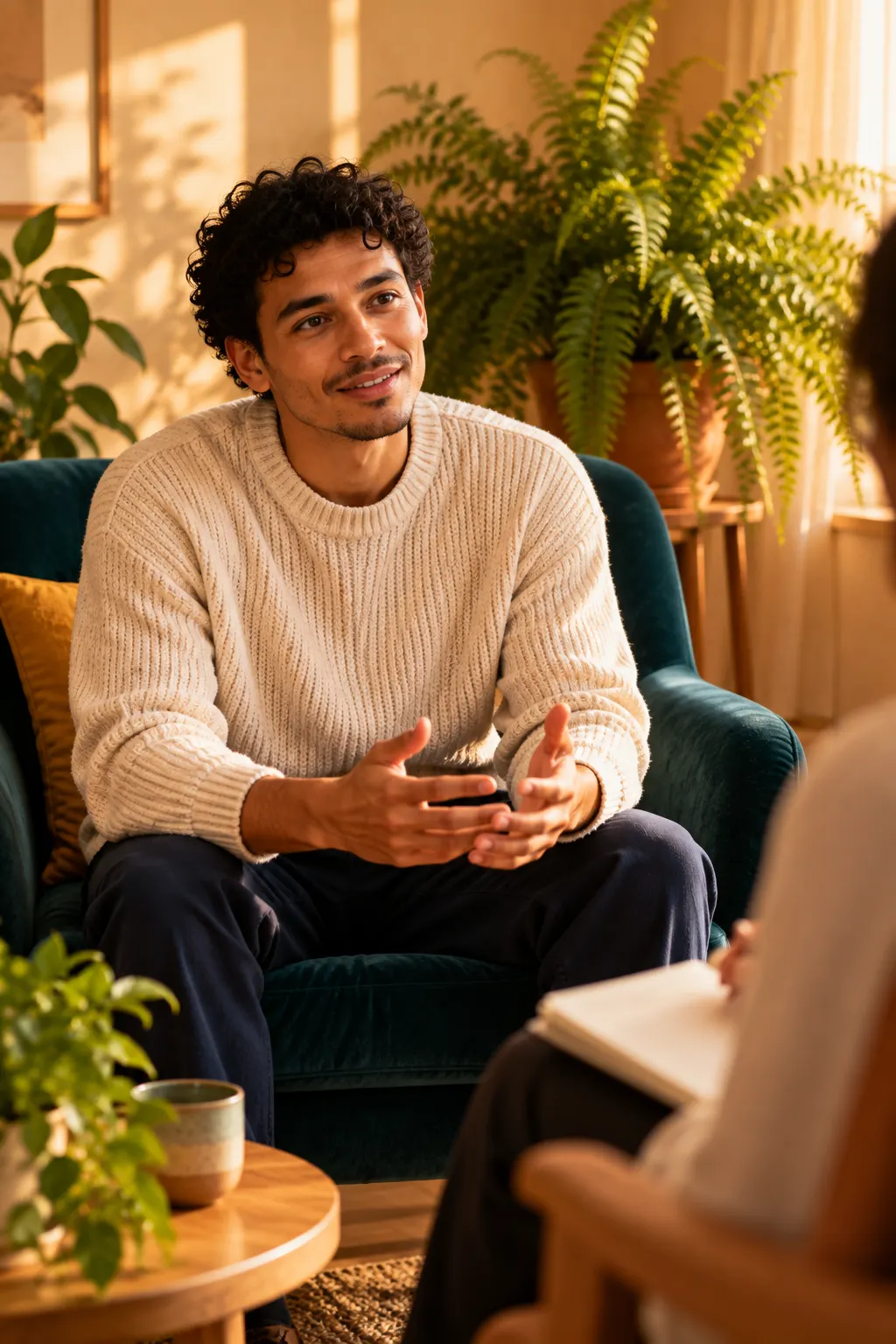 A young man in a teal armchair talking with an open, relaxed gesture in a warm therapy room