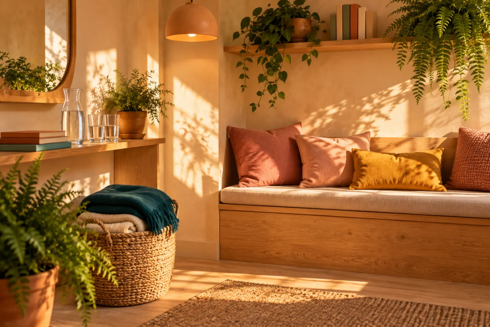 A quiet waiting nook with an oak bench, pink and marigold cushions, a basket of blankets and a carafe of water