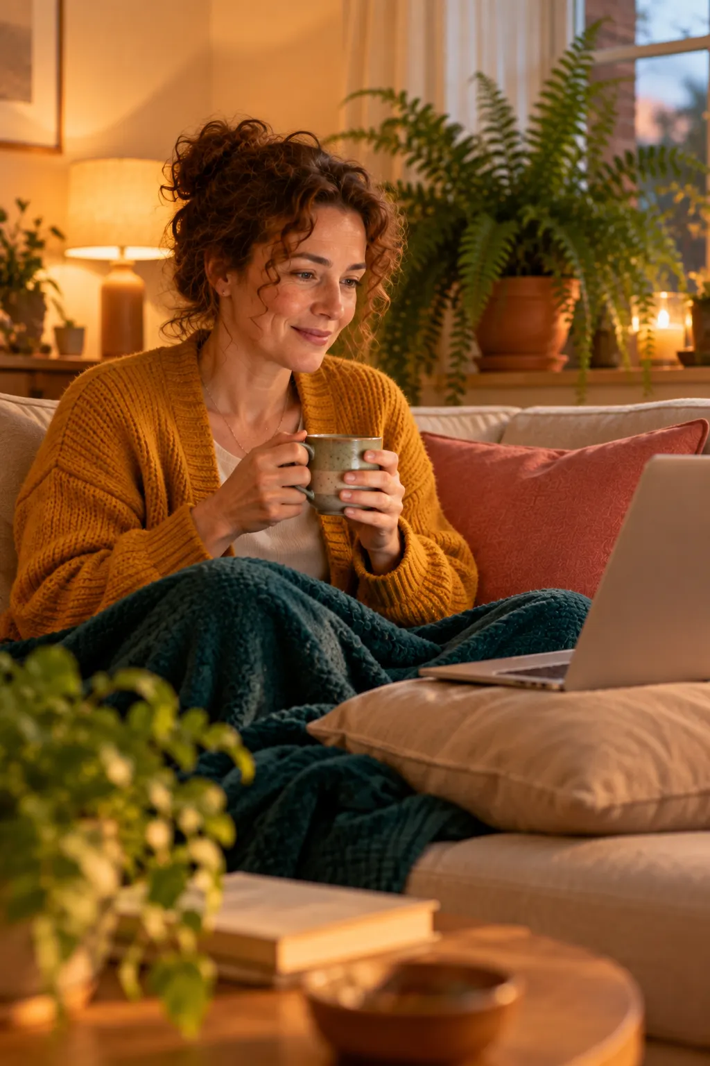 A woman at home on her sofa with a laptop on a cushion and a mug of tea, listening during an online session