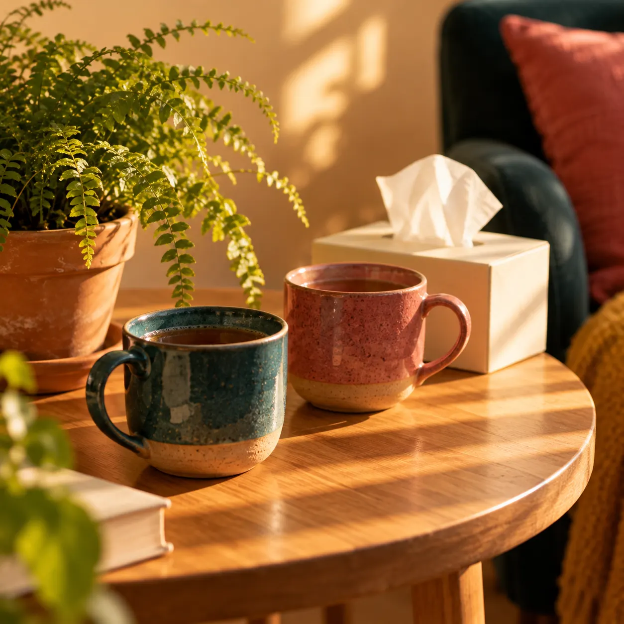 Two handmade mugs of tea, a teal one and a pink one, on a small oak table next to a fern in a terracotta pot