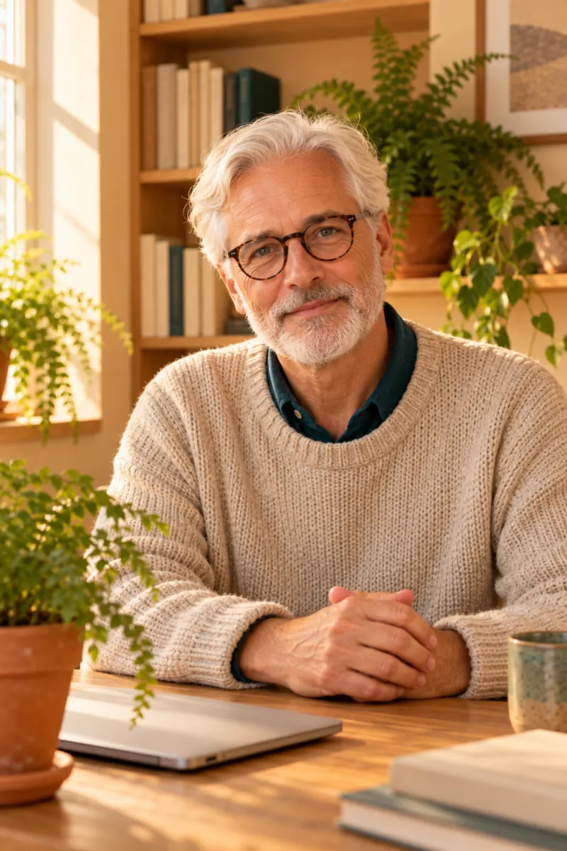 Portrait of Ivo Lindqvist, a therapist in his sixties with white hair and round glasses, sitting at a wooden desk