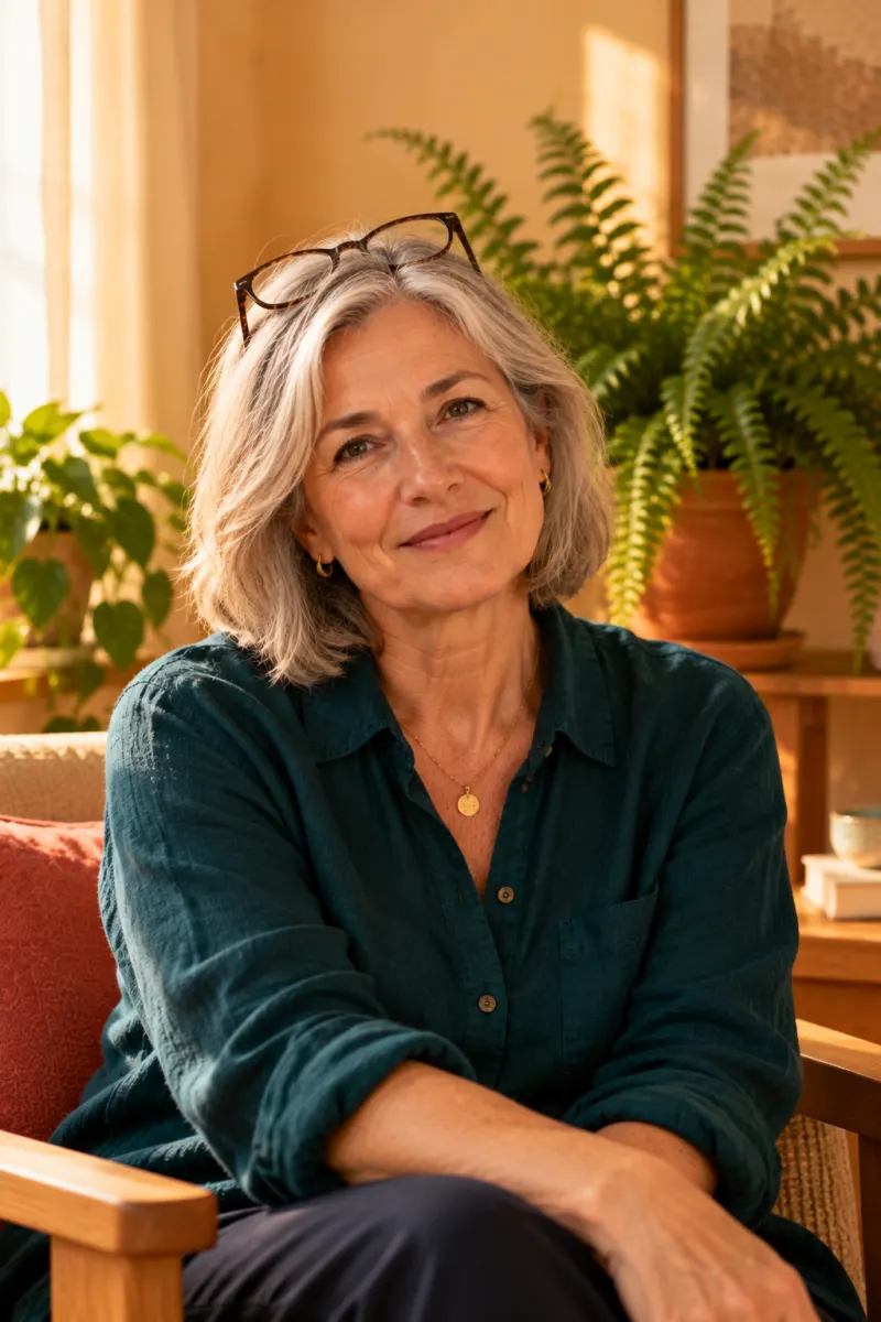Portrait of Nadia Brennan, a psychotherapist in her late fifties with a silver bob, smiling in an oak armchair