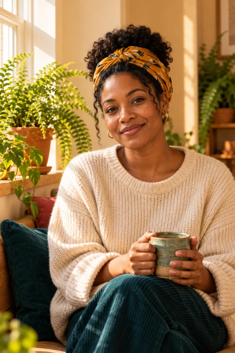 Portrait of Ruth Adeyemi, a counsellor in her early thirties with a marigold head scarf, holding a mug on a window seat