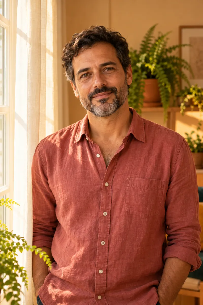 Portrait of Tomás Ferreira, a couples therapist in his forties with a short greying beard, standing by a window